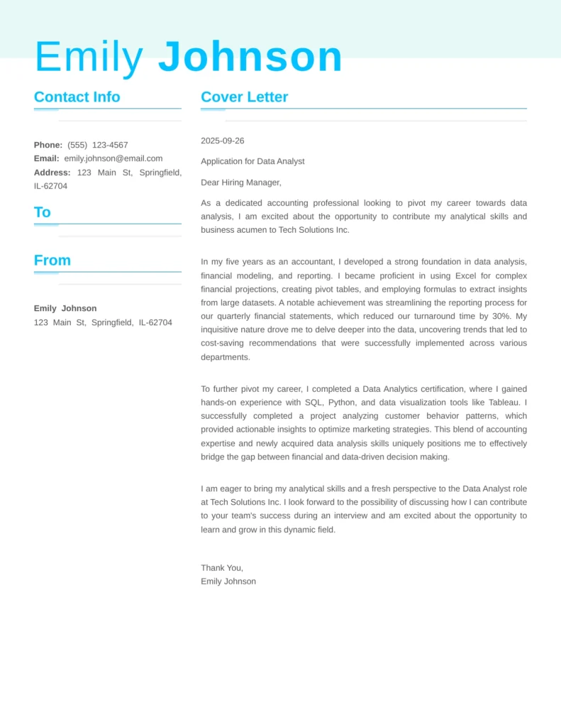 Accountant to Data Analyst Career Change Cover Letter