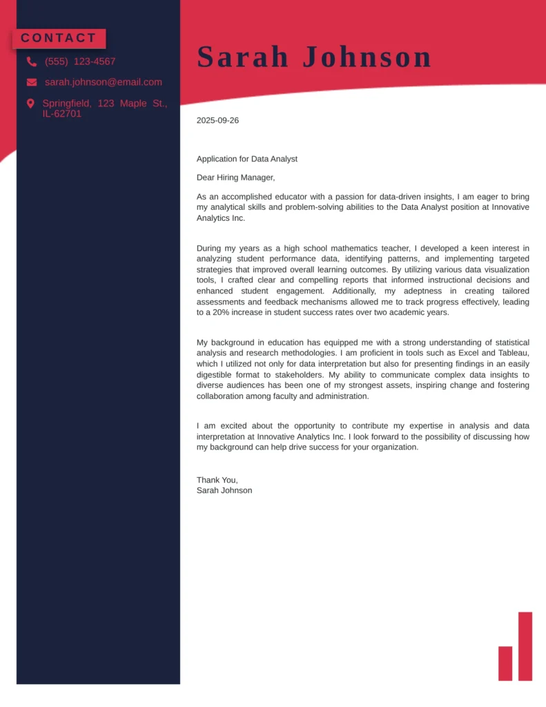 Cover Letter Template For Career Change From Teacher to Data Analyst