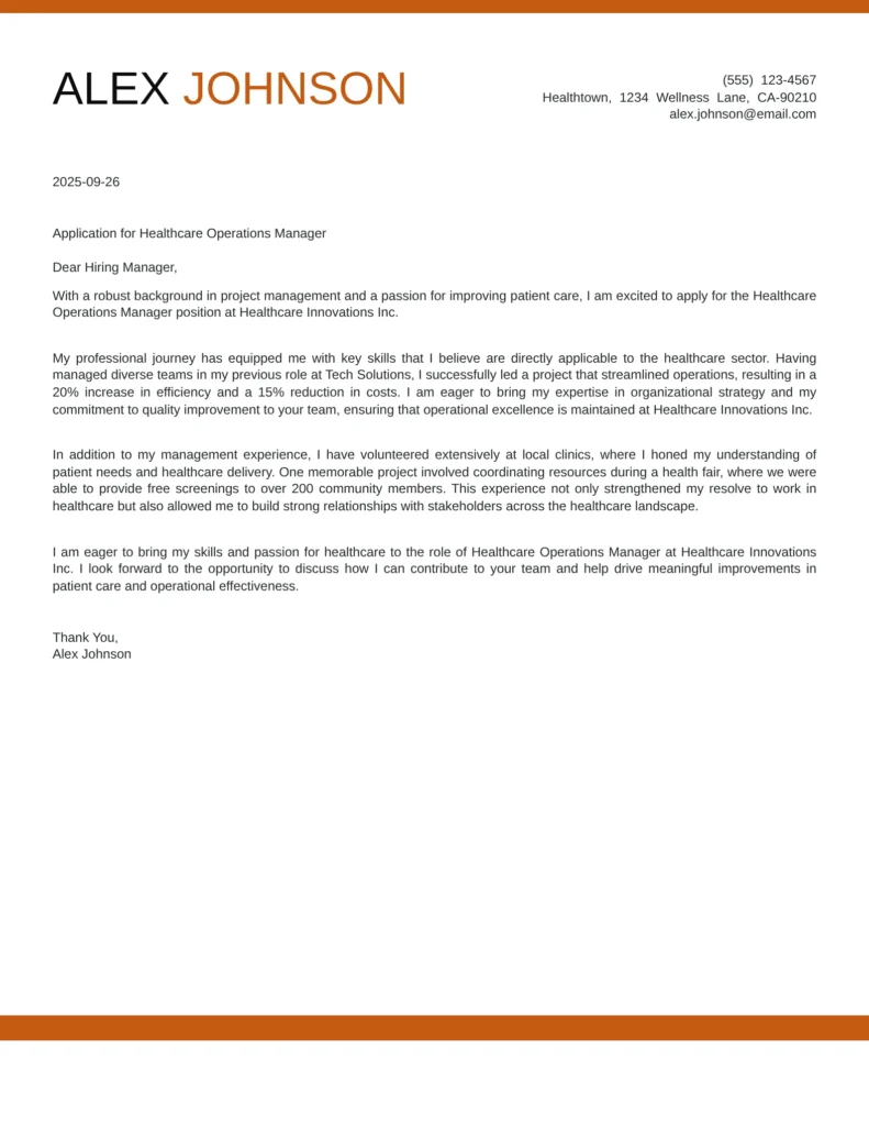 Cover Letter Template For Career Change to Healthcare / Care Economy