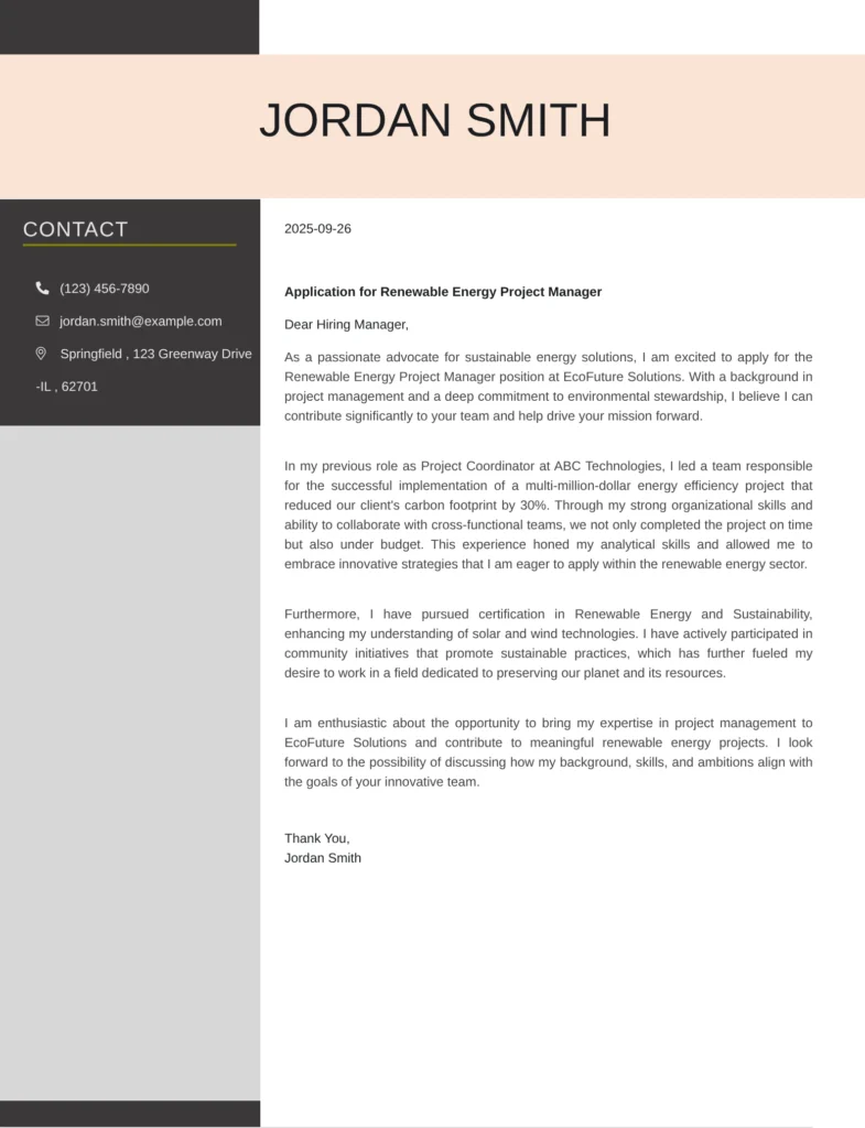 Cover Letter Template For Career Change to Renewable Energy / Clean / Sustainability