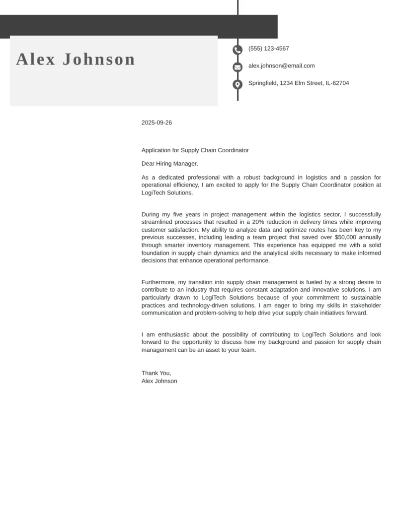 Cover Letter Template For Career Change to Supply Chain / Logistics / Operations