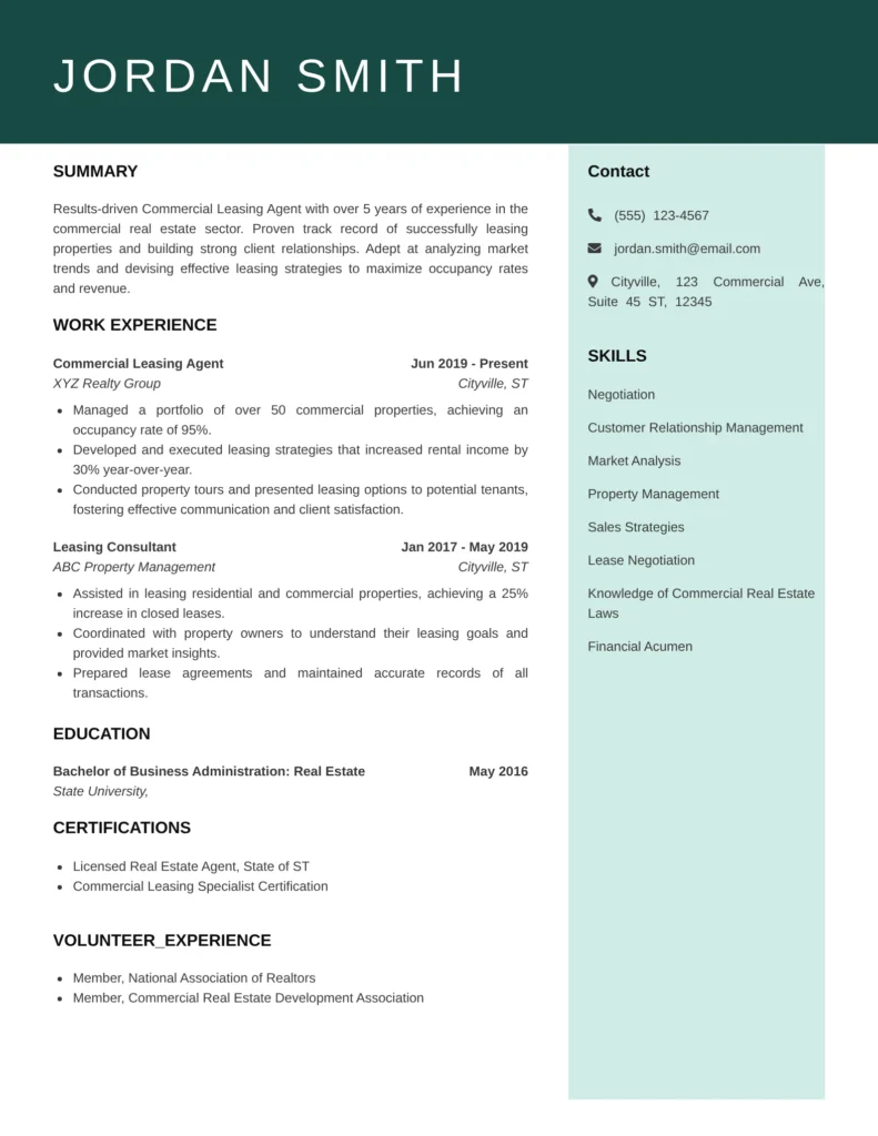 “Commercial Leasing Agent Resume Template with summary, measurable achievements, certifications, skills, and modern layout.”