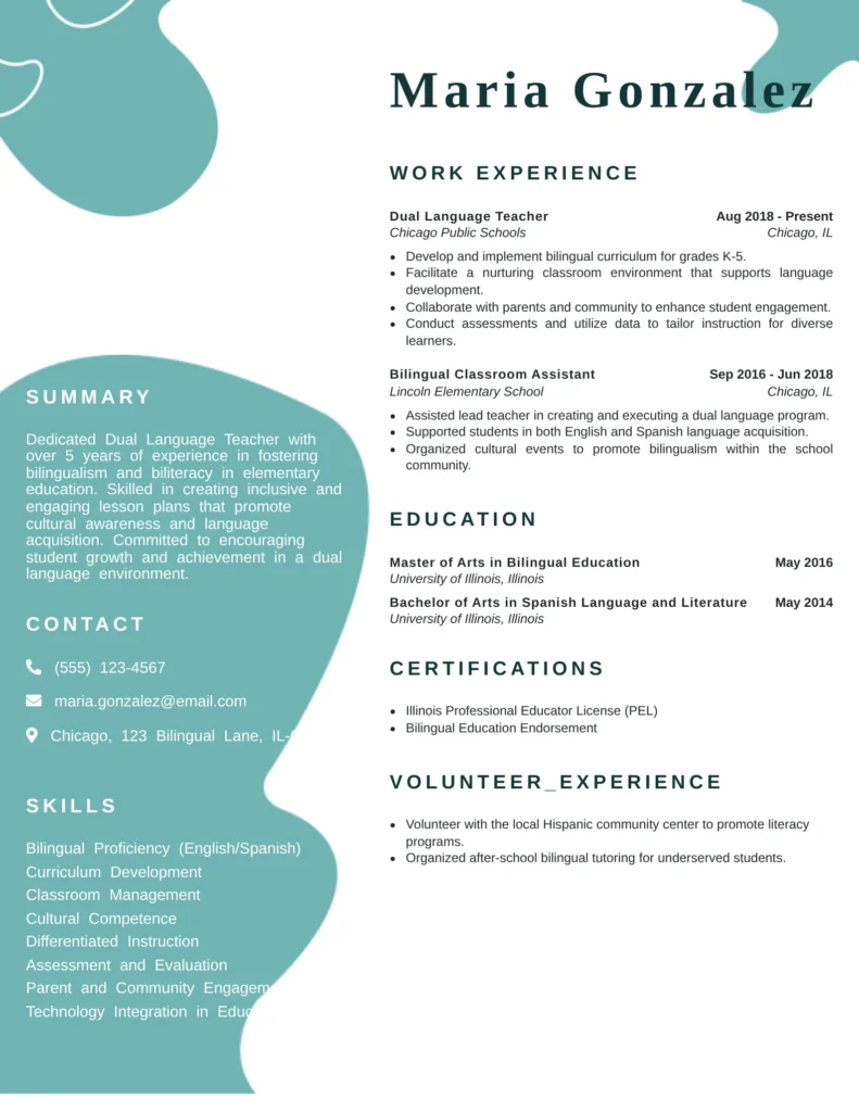 Dual language teacher resume example with summary, skills, bilingual teaching experience, certifications, education, and volunteer activities.