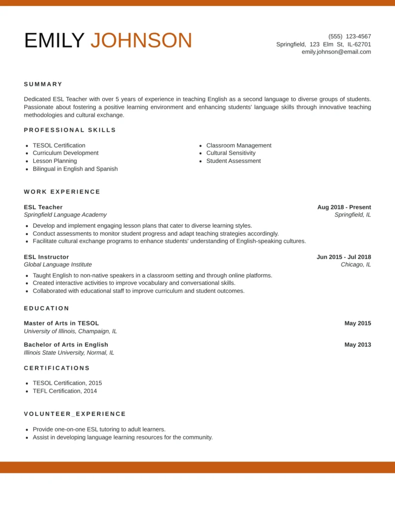 ESL teacher resume example with summary, professional skills, work experience, education, certifications, and volunteer tutoring.