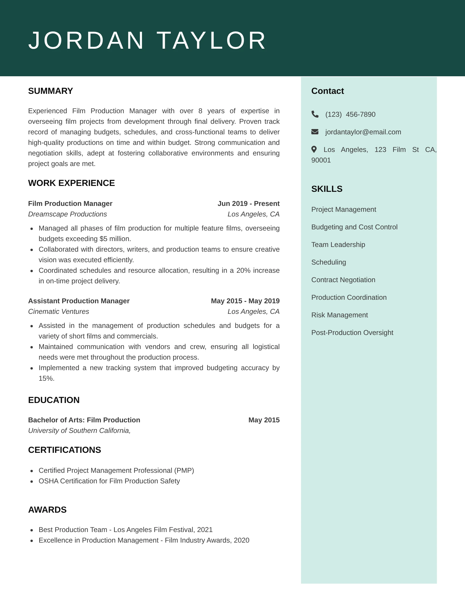 Film Production Manager Resume Examples And Guide