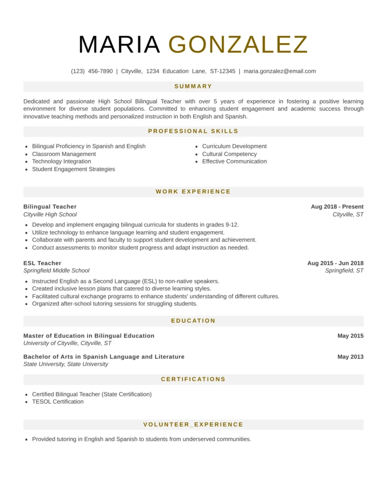 High school bilingual teacher resume template with summary, skills, work experience, education, certifications, and volunteer experience.