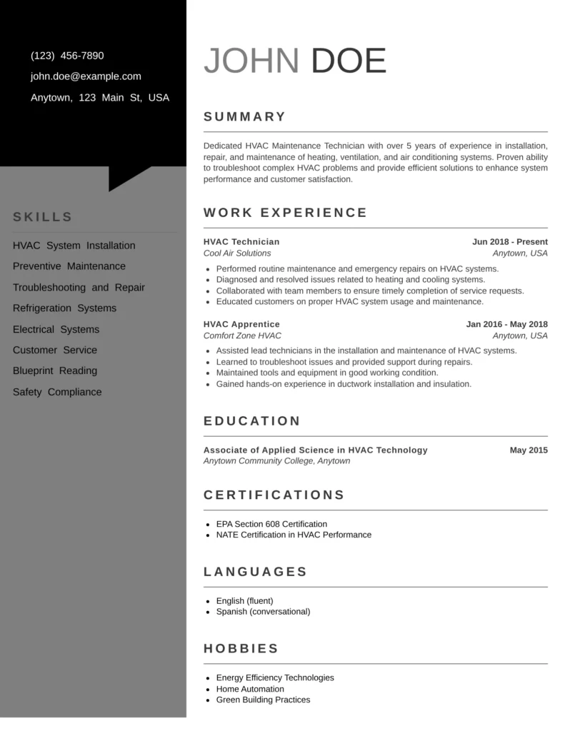 HVAC Maintenance Technician Resume Template