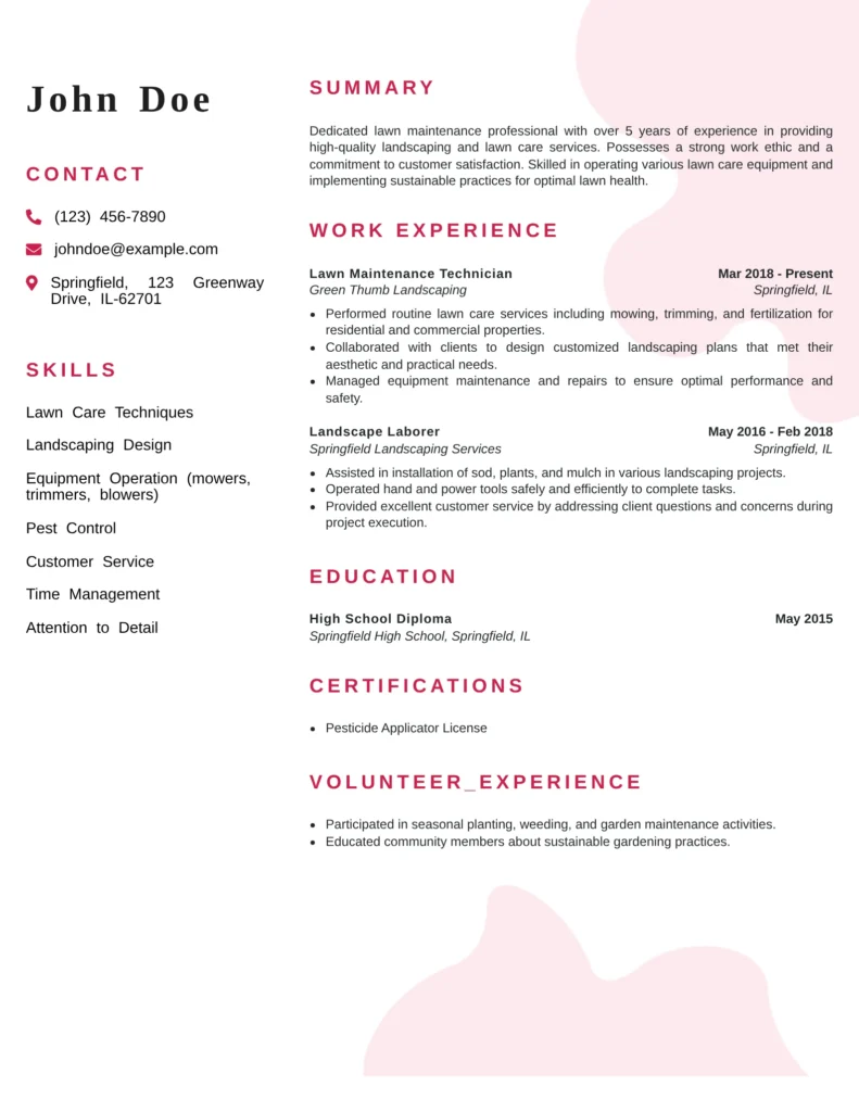 Lawn Maintenance Worker Resume Template