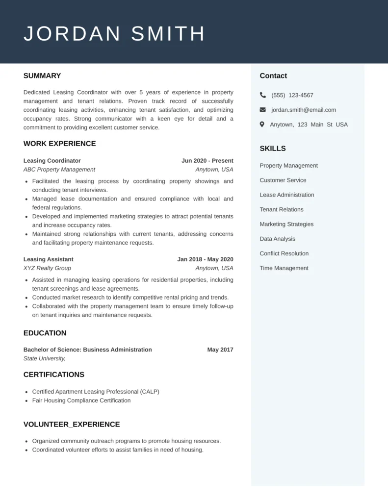 “Professional Leasing Coordinator Resume Template with summary, work experience, skills, certifications, and clean modern layout.”