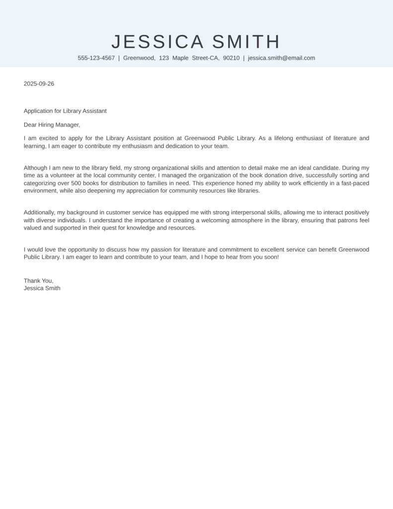 No Experience Cover Letter Template For Library Assistant