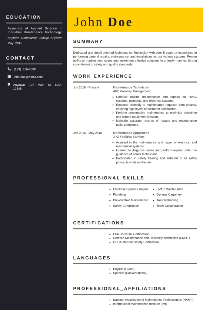 Maintenance Technician Resume Template