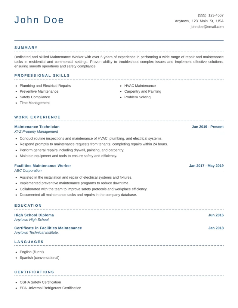 Maintenance Worker Resume Template