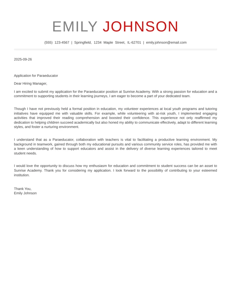 No Experience Paraeducator Cover Letter Template