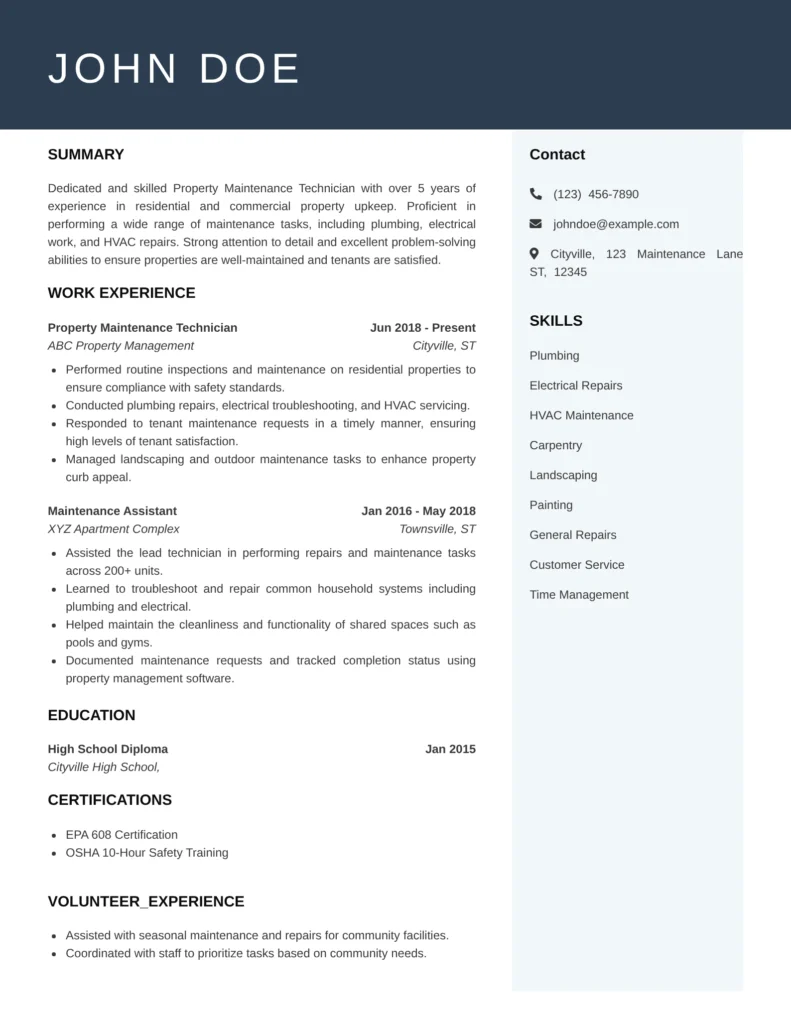 Property Maintenance Worker Resume Template