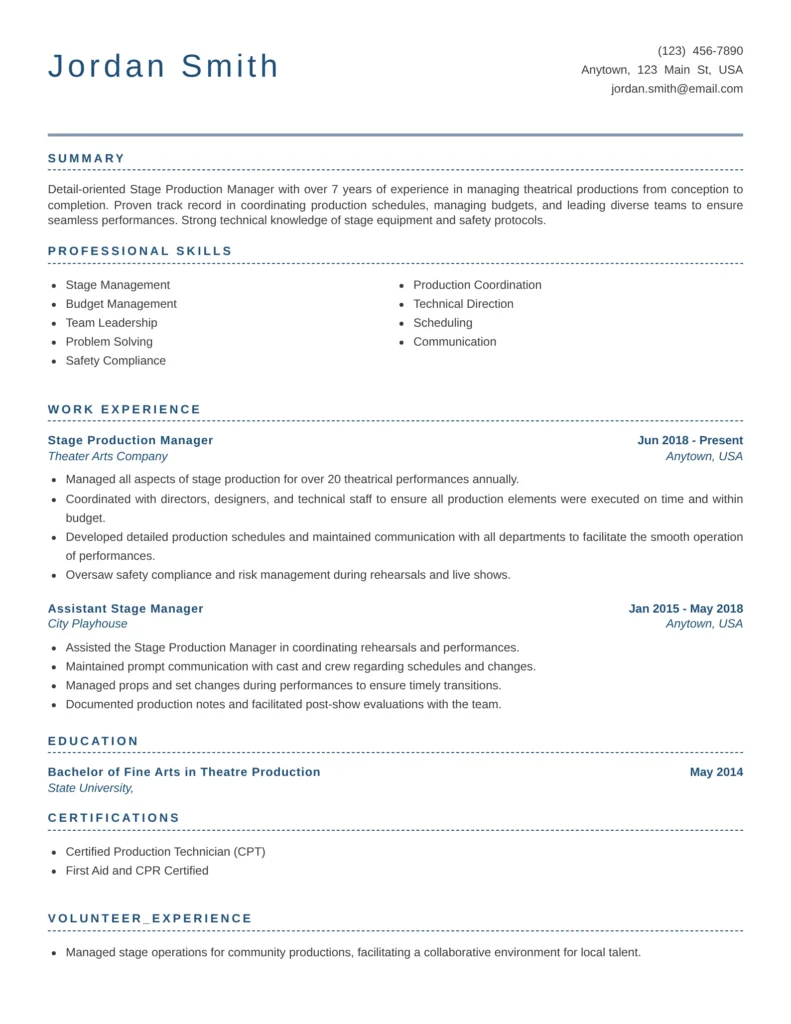 Stage Production Manager Resume Template