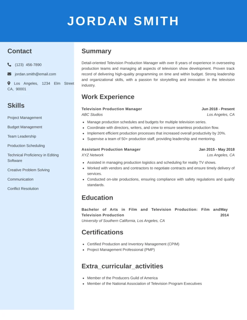 Television Production Manager Resume Template