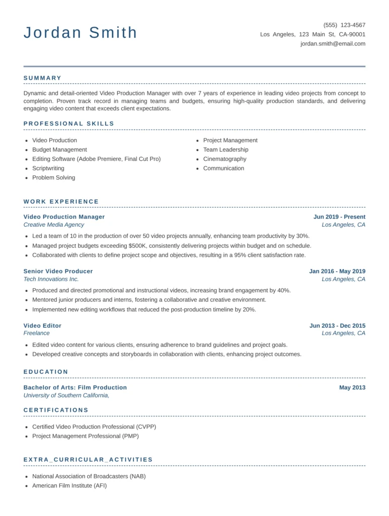 Video Production Manager Resume Template
