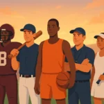 Digital illustration of athletes and coaches from multiple sports standing on a stadium field, representing teamwork and sports career resumes.