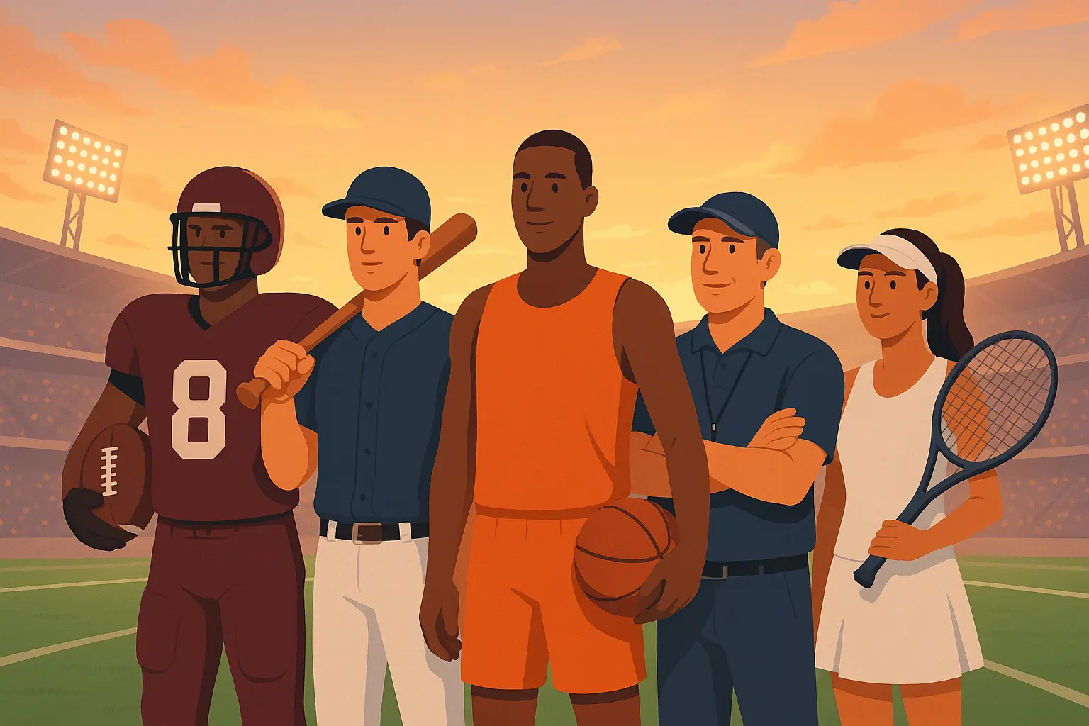 Digital illustration of athletes and coaches from multiple sports standing on a stadium field, representing teamwork and sports career resumes.