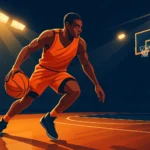 Basketball player dribbling toward the basket under arena lights in a dynamic mid-game illustration.