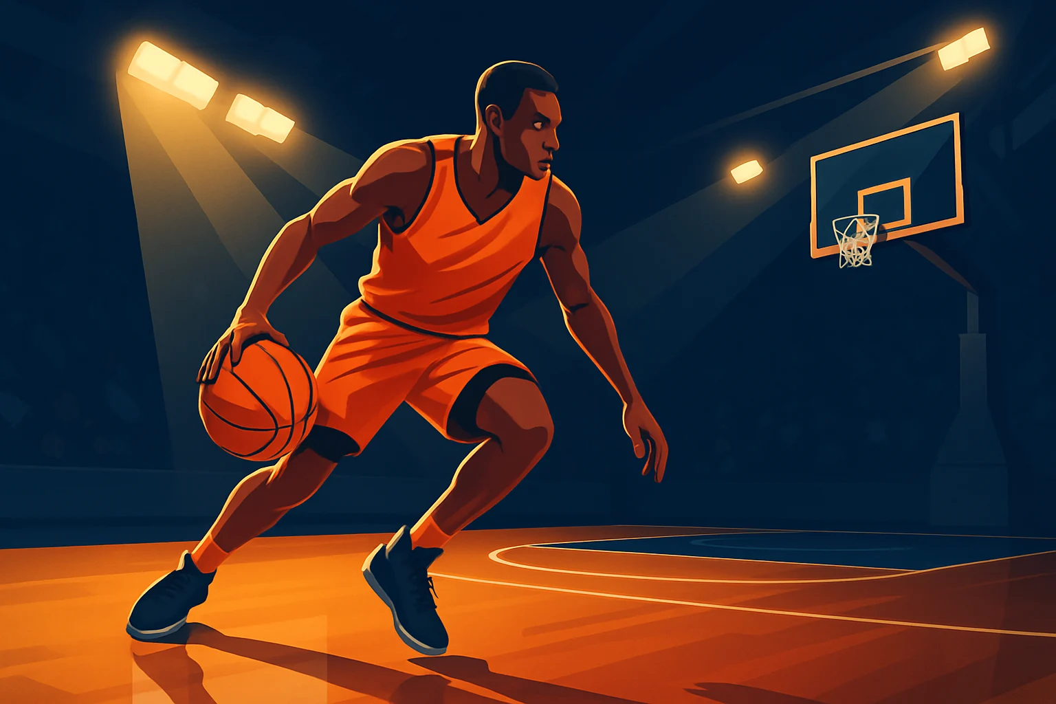 Basketball player dribbling toward the basket under arena lights in a dynamic mid-game illustration.