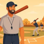 Digital illustration of a baseball coach standing on a field, guiding players during outdoor training under daylight, in a flat and modern art style.