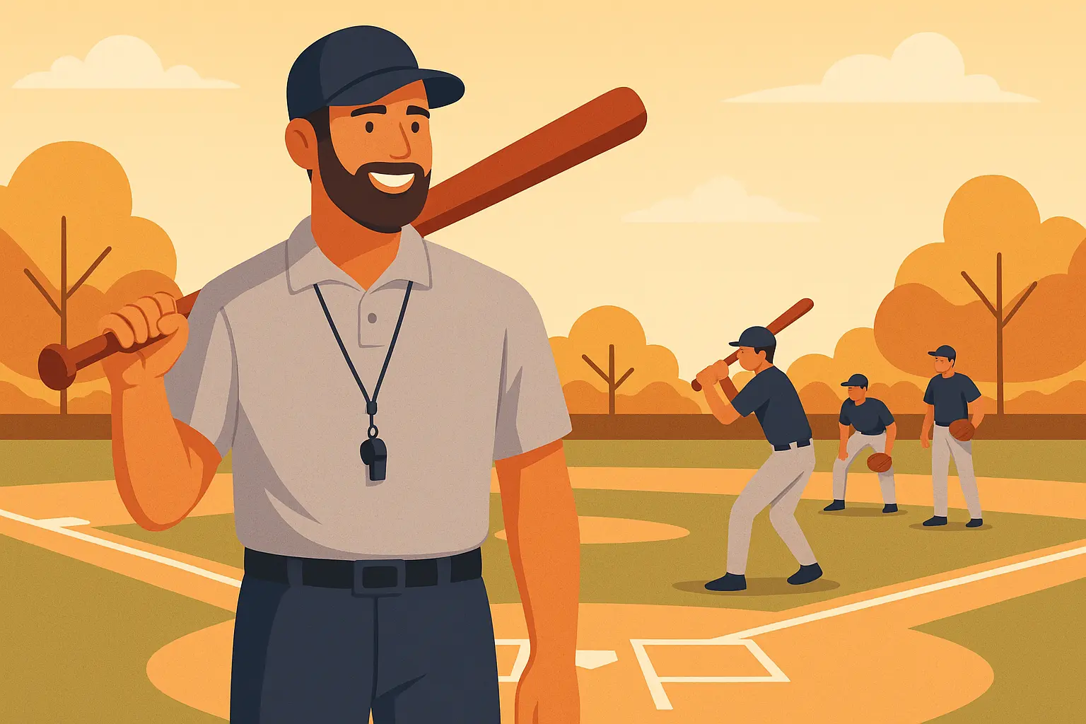 Digital illustration of a baseball coach standing on a field, guiding players during outdoor training under daylight, in a flat and modern art style.