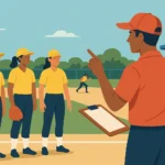 Illustration of a softball coach guiding players during a team practice on an outdoor field under bright daylight.
