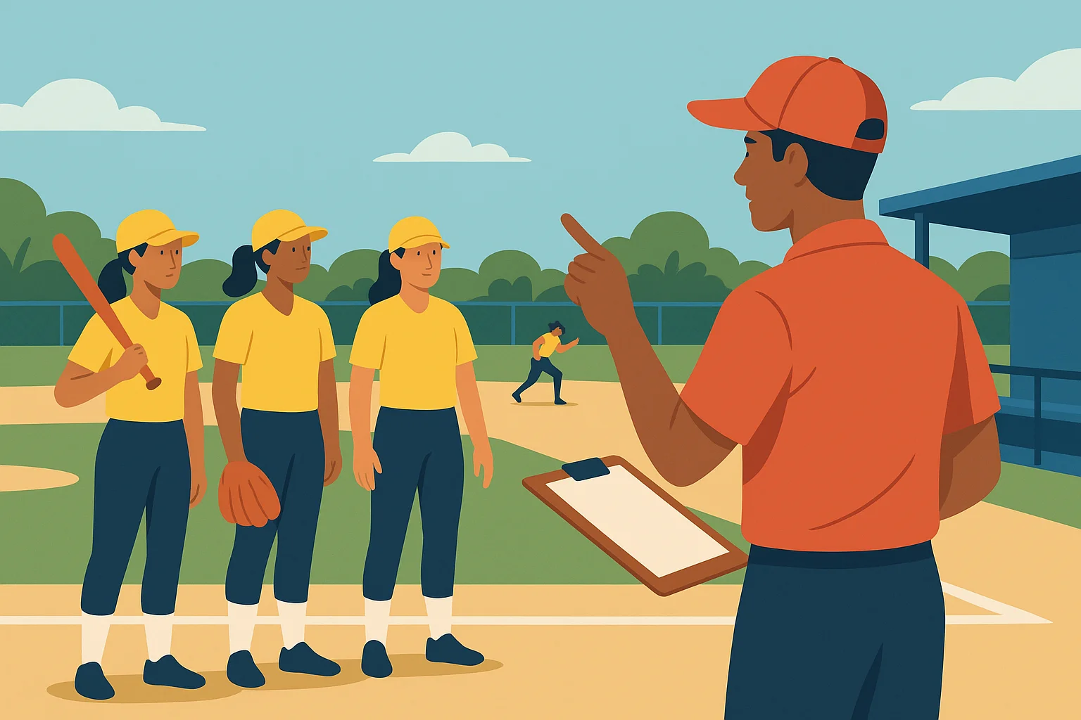 Illustration of a softball coach guiding players during a team practice on an outdoor field under bright daylight.