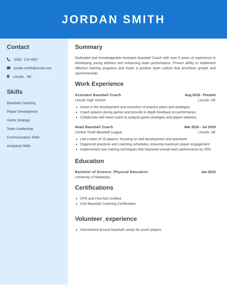 This resume effectively showcases relevant coaching experience and skills, emphasizing the candidate's ability to develop players and contribute to the team's overall strategy. The inclusion of certifications and a summary that highlights key strengths provides a comprehensive view of the candidate's qualifications, making them an appealing choice for a hiring organization.