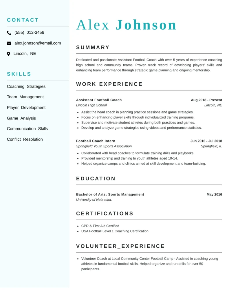 This resume is strong because it clearly showcases relevant coaching experience, skills, and education tailored for an Assistant Football Coach position. The summary sets a confident tone, while the detailed work experience highlights specific achievements and responsibilities, making it easy for employers to see the candidate's potential impact.