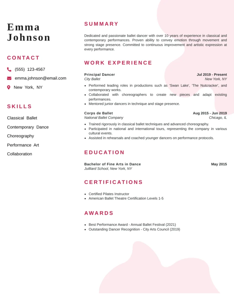 This resume effectively highlights the candidate's extensive experience, relevant skills, and education in ballet, making it tailored to the dance profession. The inclusion of specific roles and achievements helps showcase the dancer's artistic journey and dedication, while optional sections add further depth to their qualifications.
