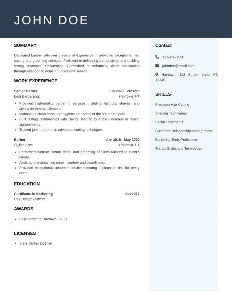 Barber resume template in minimalist design showing experience, skills, and certifications for men’s grooming specialists, ideal for barbershop or salon job applications.
