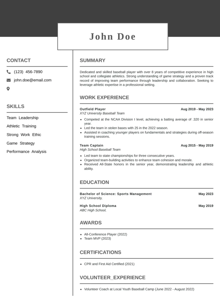 Modern baseball player resume template featuring clean two-column layout with skills, summary, and experience sections — ideal for professional or college athletes.