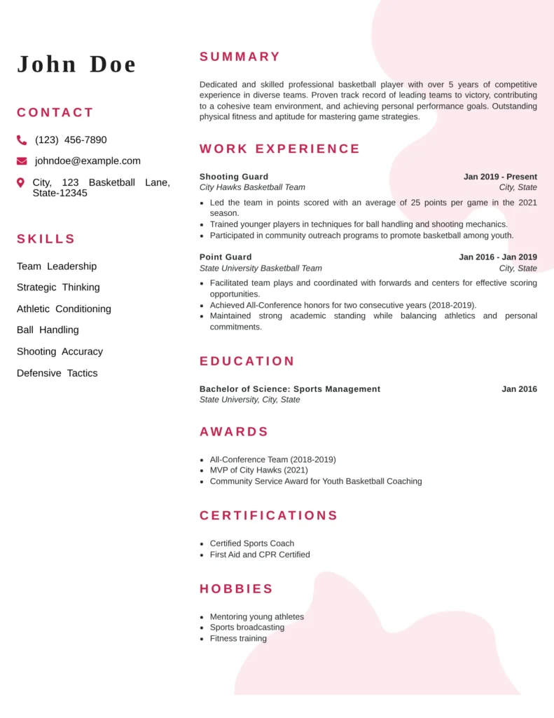 Professional basketball player resume template showing clean layout, athletic experience, skills, and achievements.