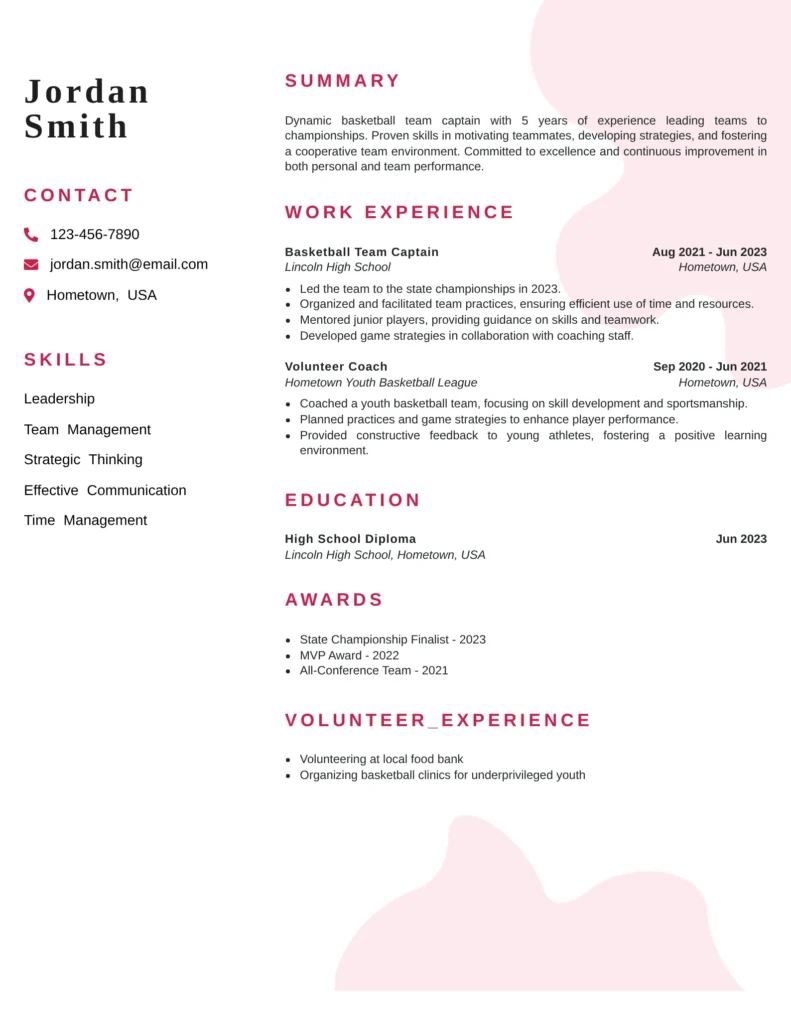 Basketball team captain resume template showcasing leadership roles, strategic planning, and championship achievements.