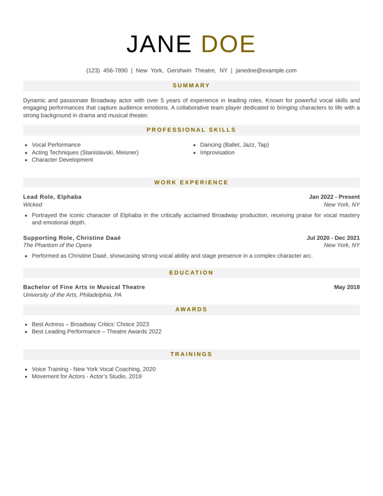 Broadway Actor Resume Template