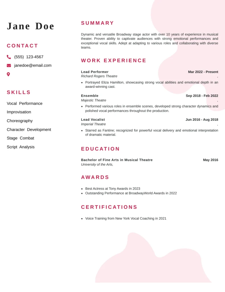 This resume effectively showcases the fundamental elements necessary for a Broadway Stage Actor, including extensive work experience, relevant skills, and notable achievements. It is well-organized, clearly written, and highlights the actor's strengths and training, making it easy for casting directors to identify their suitability for roles.