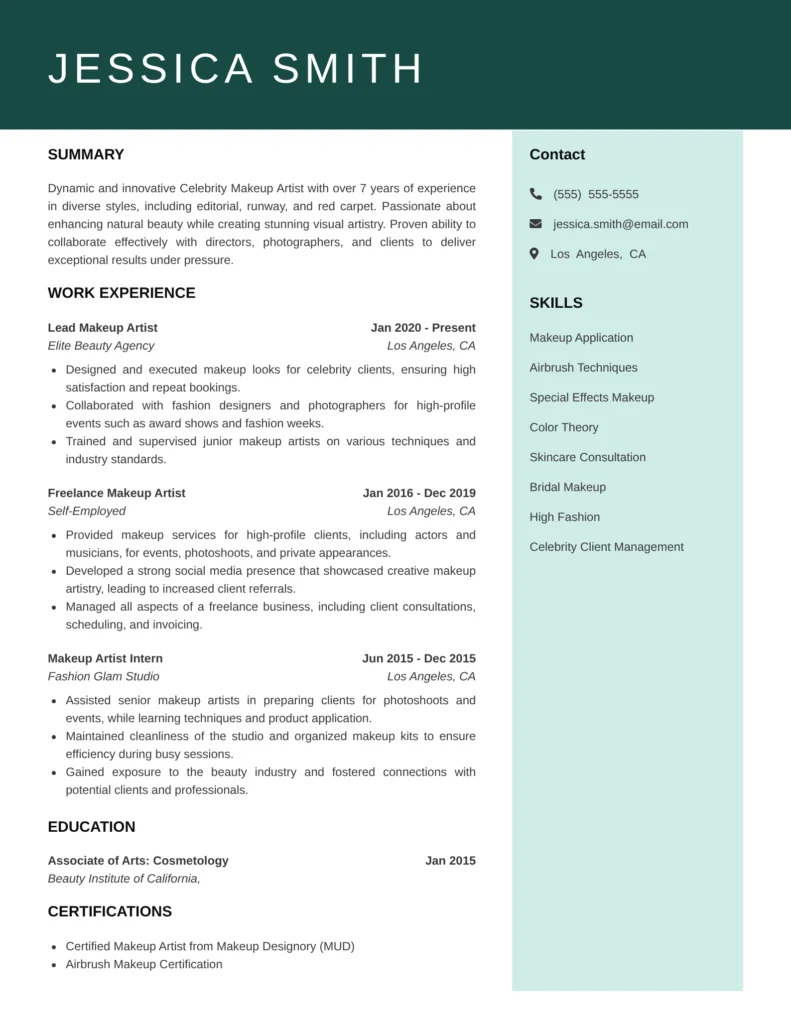 This resume effectively showcases the candidate's extensive experience and specialized skills as a Celebrity Makeup Artist. It highlights high-profile projects and responsibilities, positioning Jane as a credible expert in her field. The structured layout and specific achievements, such as awards and certifications, enhance her qualifications, making her an attractive candidate for industry professionals seeking top talent.