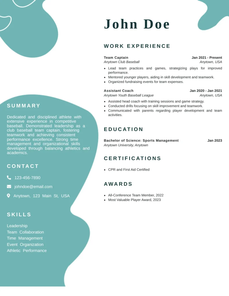Club baseball player resume template highlighting athletic performance, certifications, and teamwork — perfect for amateur or travel league players.