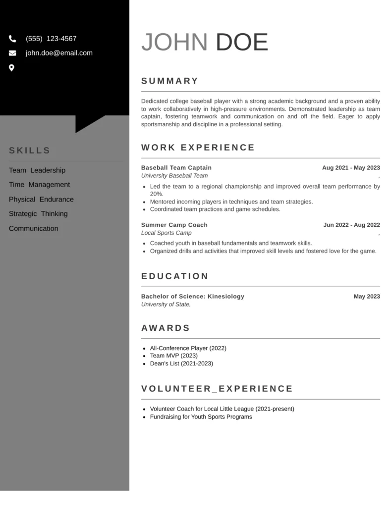 College baseball player resume example with stats, team captain experience, and sports management degree — designed for NCAA or semi-pro recruitment.