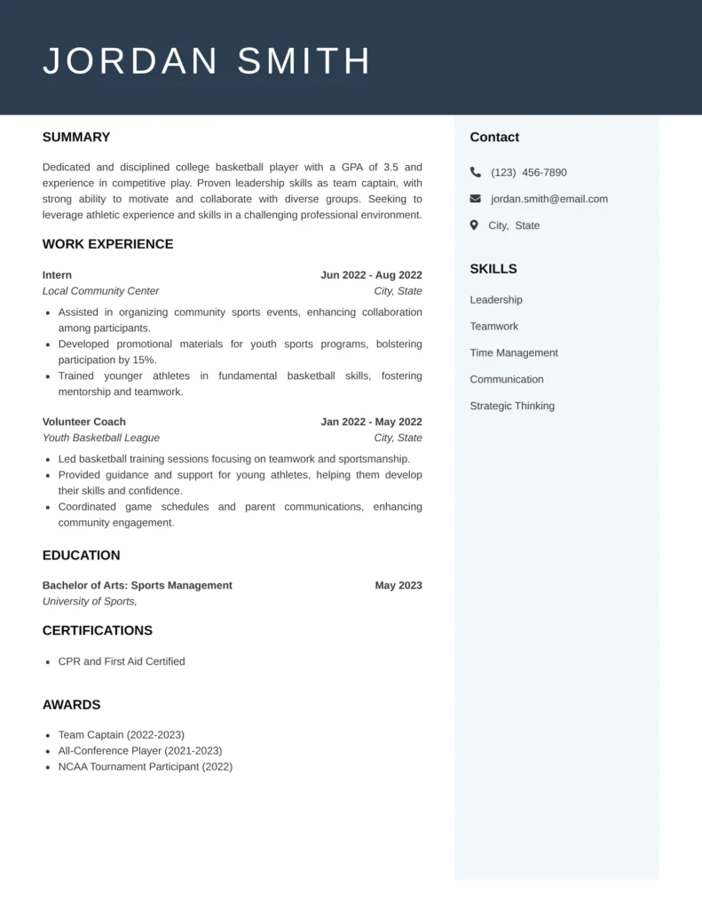 College basketball player resume example featuring academic record, NCAA experience, leadership, and performance stats.