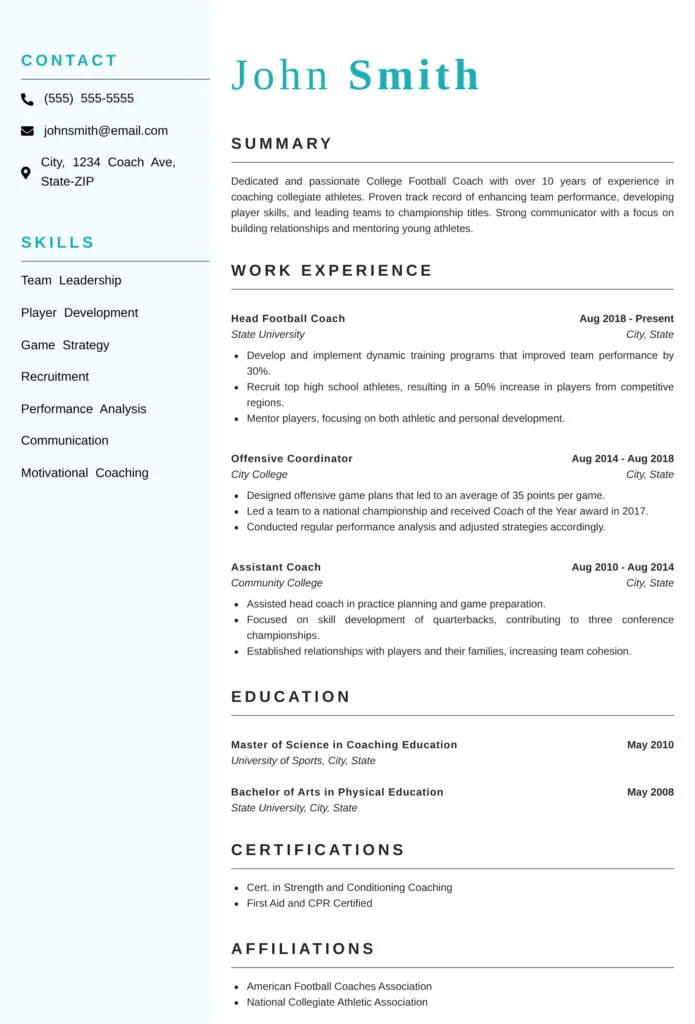 This resume is effective because it clearly outlines key coaching experiences and achievements, emphasizing quantifiable successes and leadership qualities. The sections are well-organized, making it easy for hiring committees to assess the candidate's qualifications at a glance.