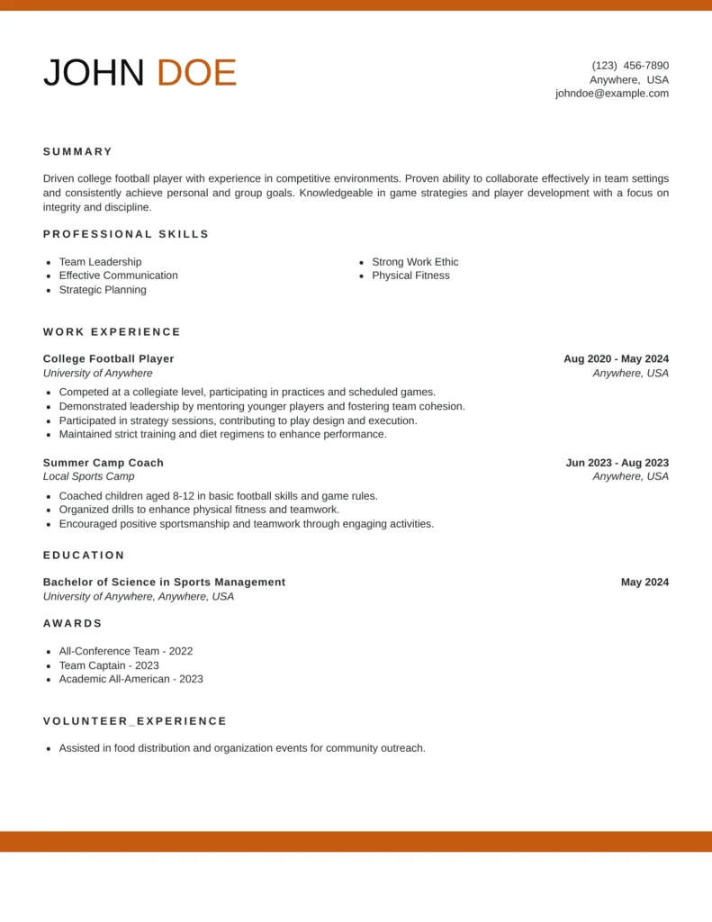 College football player resume template — one-page layout with skills, experience, awards, and sports management degree