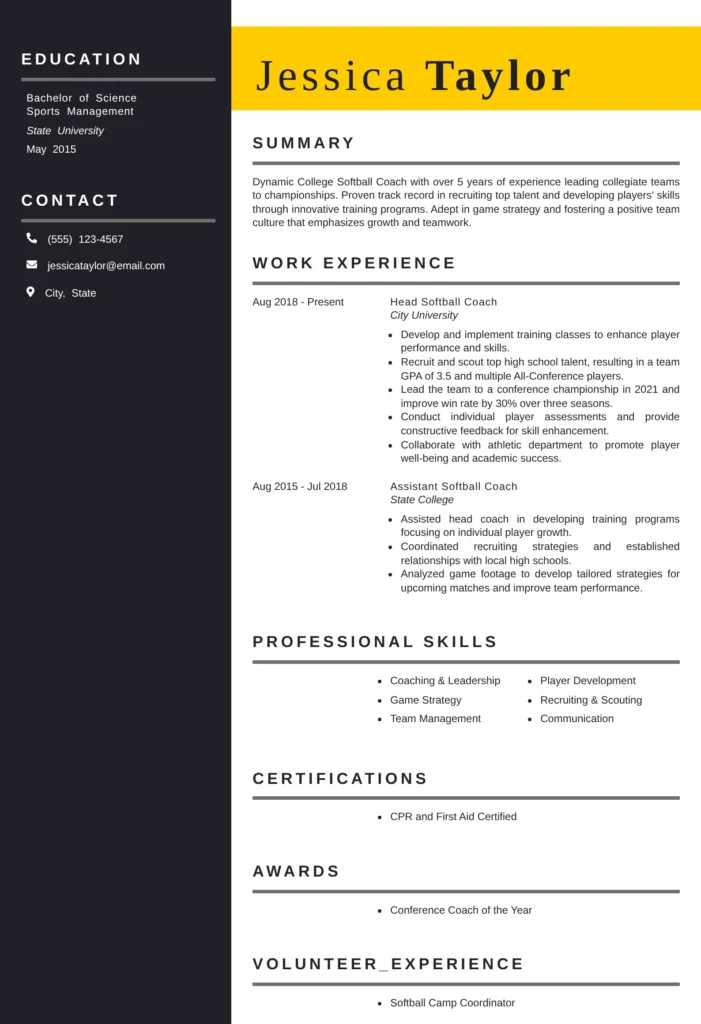 This resume effectively showcases the candidate's coaching experience, relevant skills, and significant achievements, making it attractive to hiring committees. The structured format and clear sections make it easy to read, while concrete examples demonstrate the candidate's impact in prior roles, indicating their capability to lead a college softball program successfully.