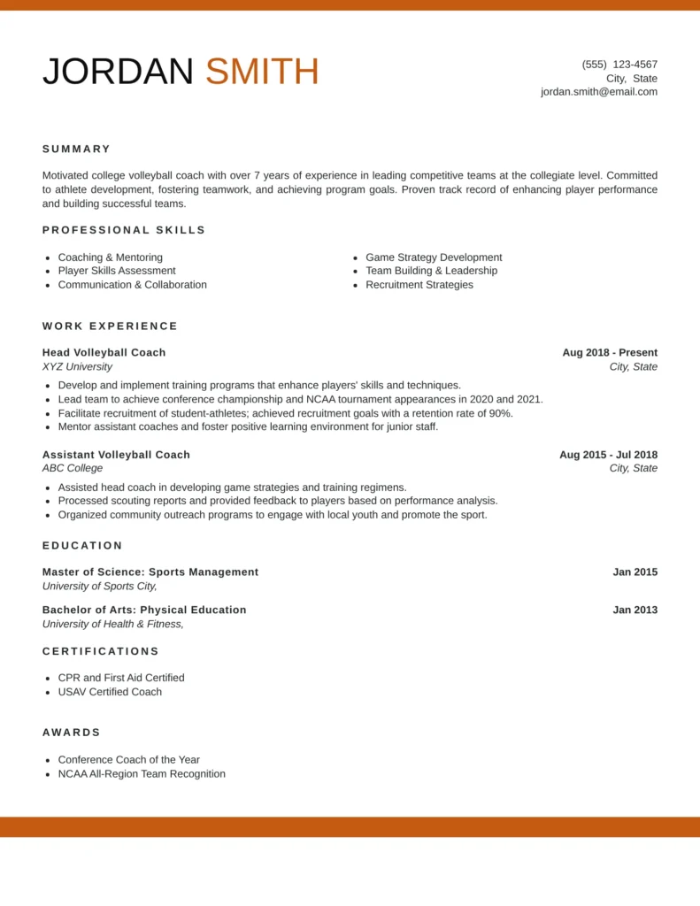This resume effectively showcases relevant coaching experience, achievements, and educational background tailored to a college volleyball coaching position. It emphasizes key skills, accolades, and contributions to team success, making it compelling for hiring committees in collegiate athletics.