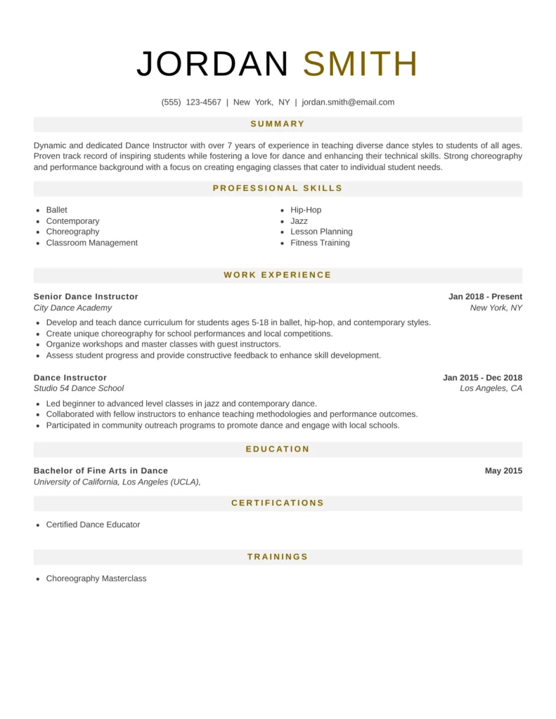 This resume is effective as it clearly outlines the applicant's qualifications, relevant experience, and specific skills. The structured format makes it easy for potential employers to quickly assess Jordan's suitability for a dance instructor position. Additionally, including achievements and certifications highlights a commitment to professional development in the field.