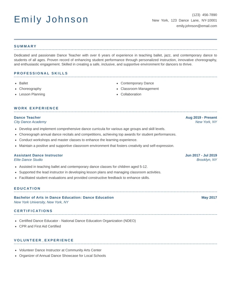 This resume sample effectively highlights relevant work experience and educational background, presenting a clear narrative of the candidate's qualifications. The skills section is tailored to the dance industry, and the summary emphasizes the candidate's passion and commitment. This combination of elements makes the resume appealing to potential employers in the field of dance education.