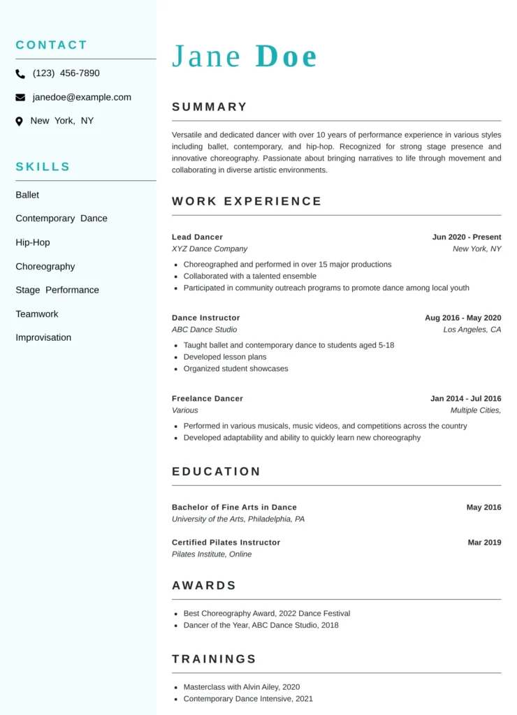 This resume effectively highlights the dancer's diverse experience, showcasing their performance, teaching skills, and involvement in community engagement. It presents a clear summary and details that demonstrate adaptability and a strong foundation in various dance styles, making it appealing to casting directors and dance companies.