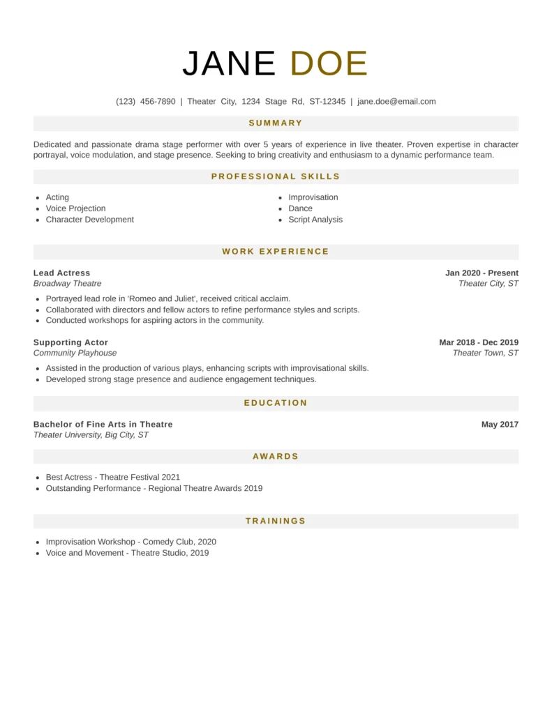 This resume effectively showcases the candidate's experience and skills in drama, emphasizing key roles and accomplishments. The structured layout allows for easy reading, and the inclusion of awards and training highlights additional depth, making it stand out to potential employers.